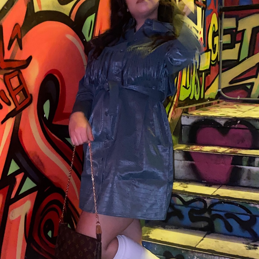 Green faux leather mock croc fringed shirt dress